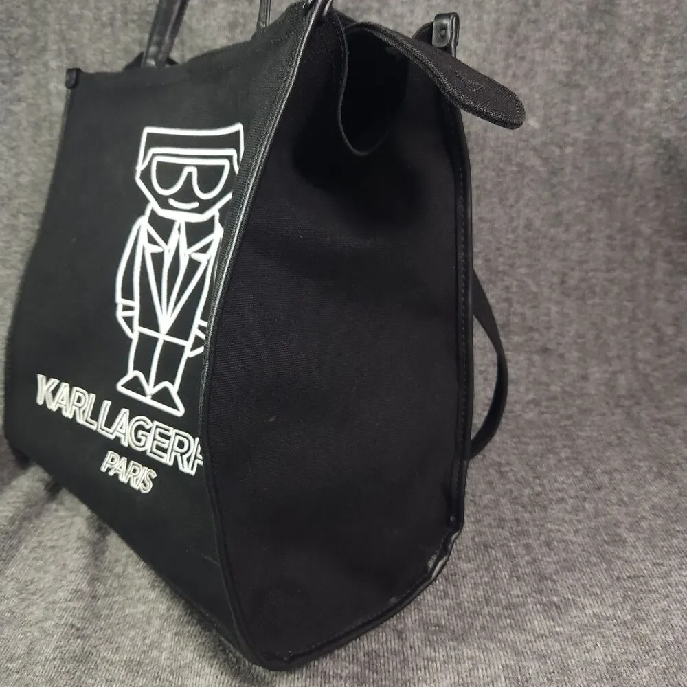 Karl Lagerfeld Paris Canvas Tote Top Zipper Double Handle Pockets Chic